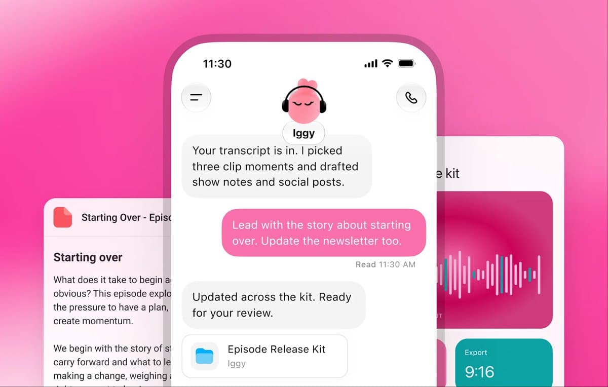OpenAI Dots demo showing Iggy preparing show notes and social posts from a transcript