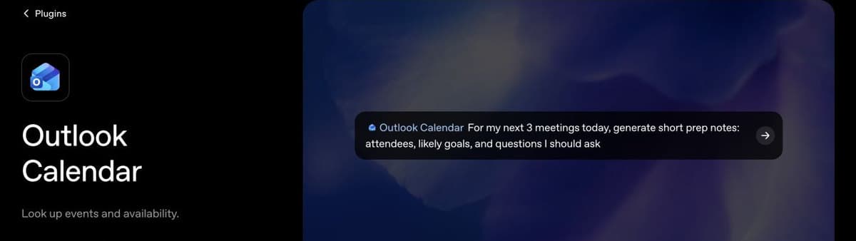 Outlook Calendar plugin page showing a prompt to prepare for upcoming meetings