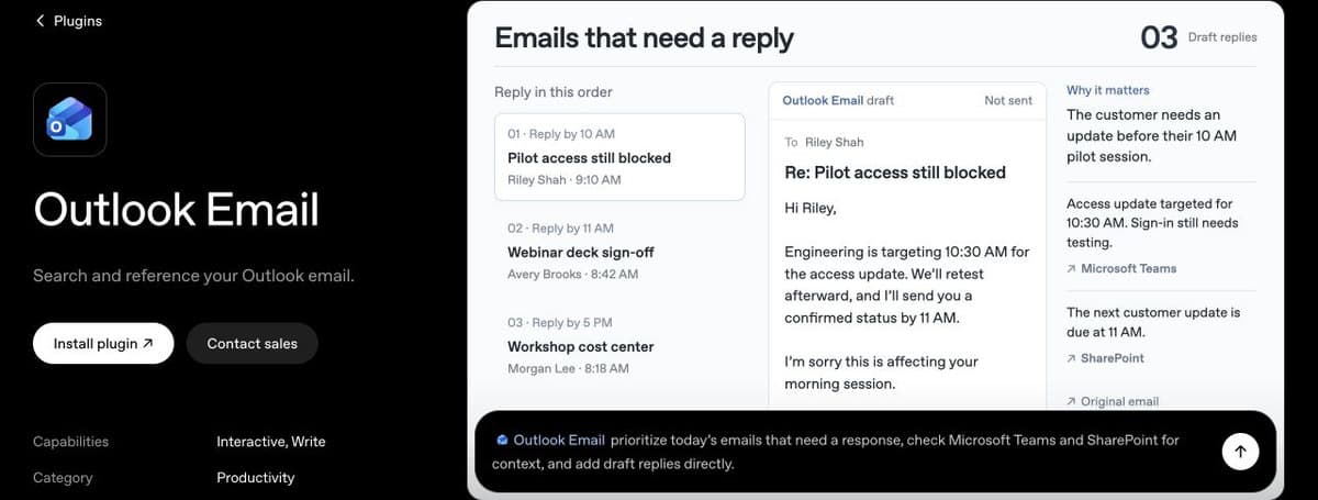 Outlook Email example prioritizing messages and drafting replies