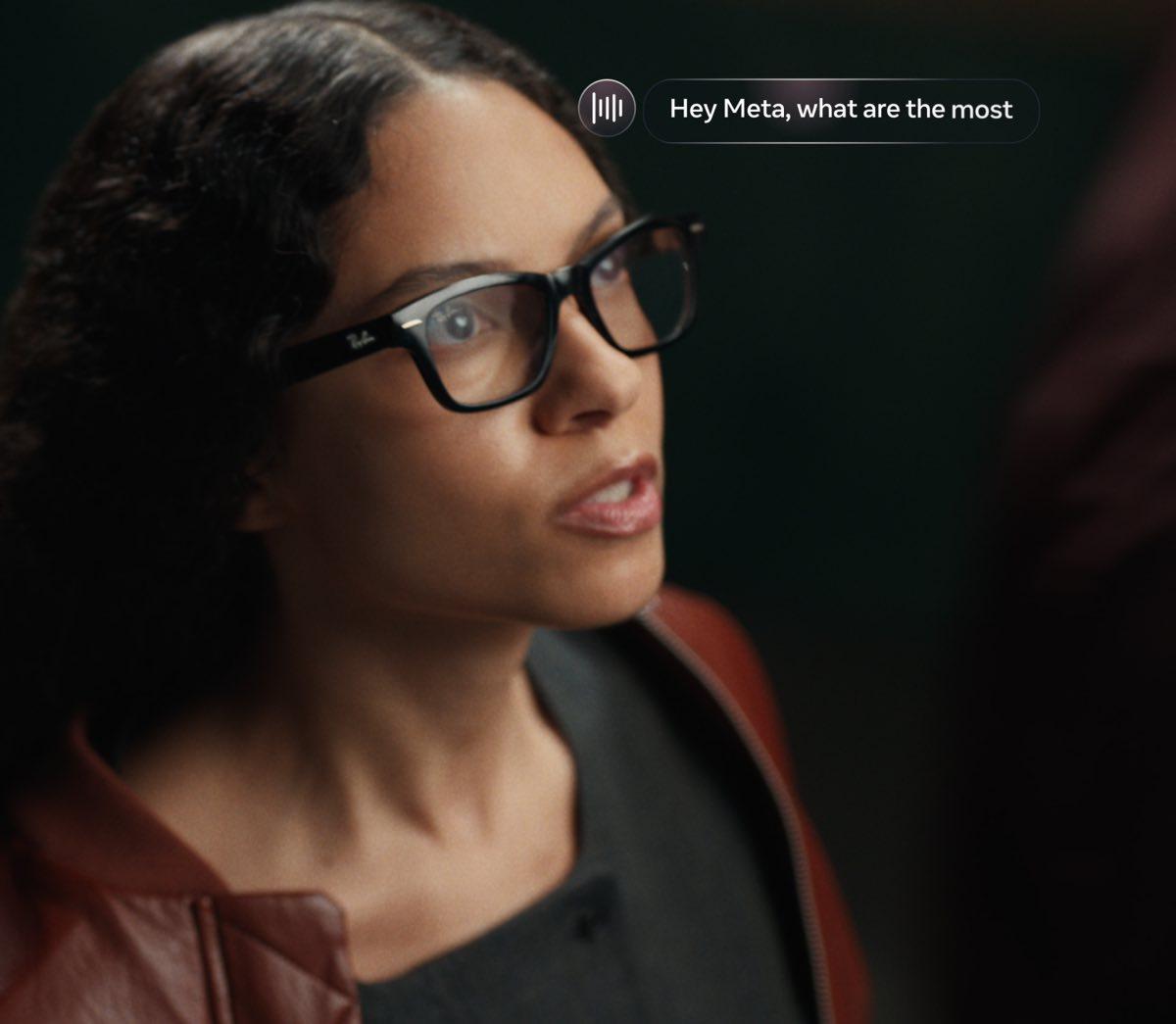 A woman wearing Ray-Ban Meta Audio glasses while asking Meta AI a question