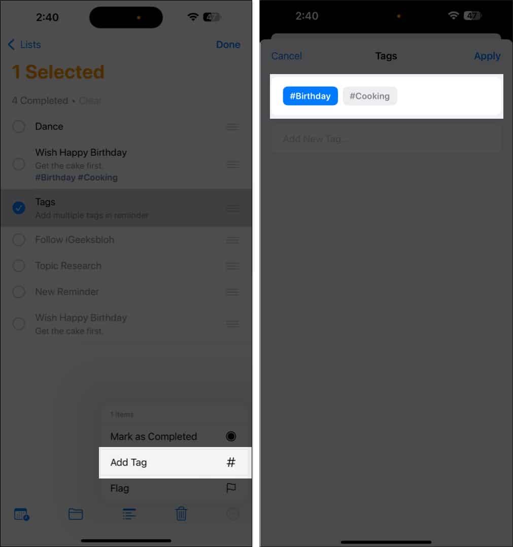 Adding a tag to multiple reminders in iPhone Reminders app.