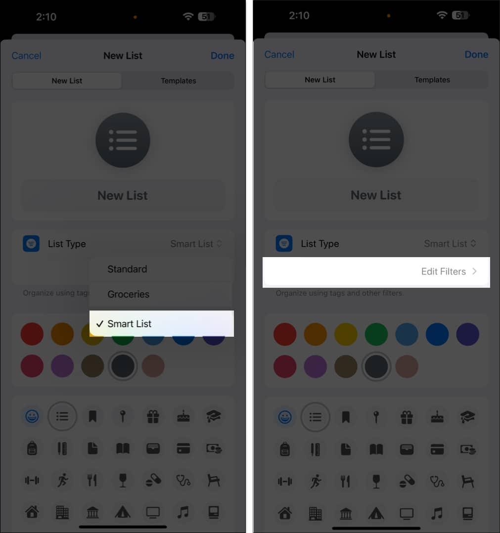 Creating a custom Smart List in Reminders.