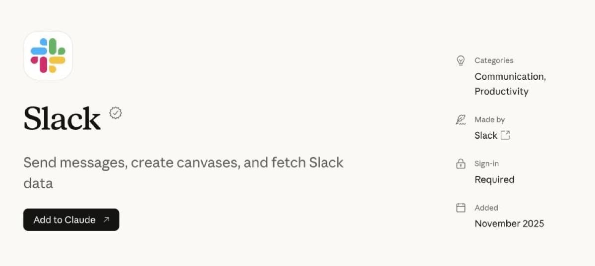 Slack connector listing in Claude Marketplace