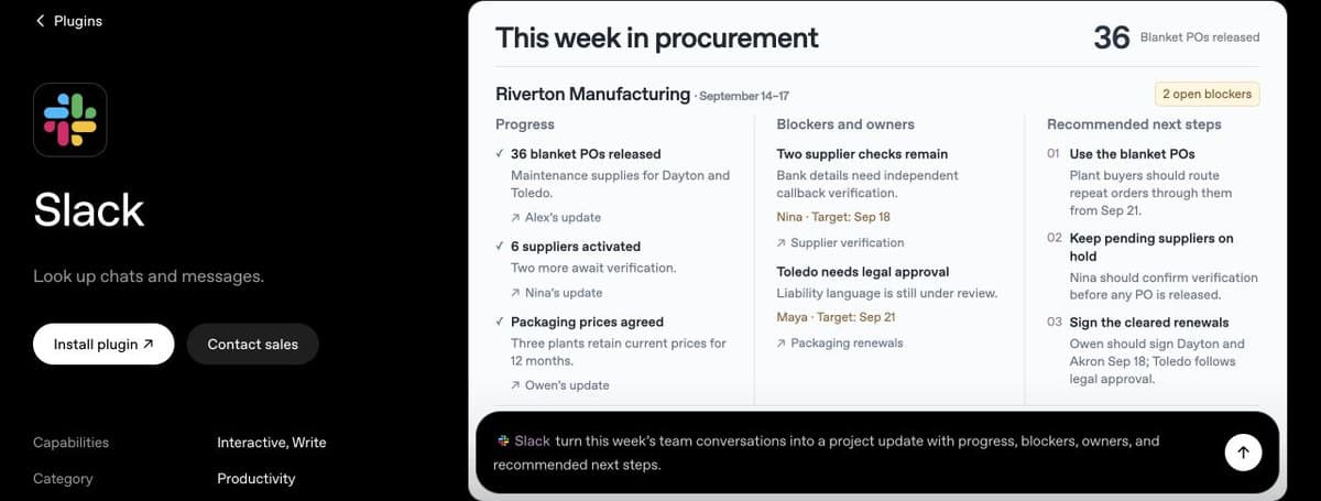 Slack example turning procurement messages into a project update