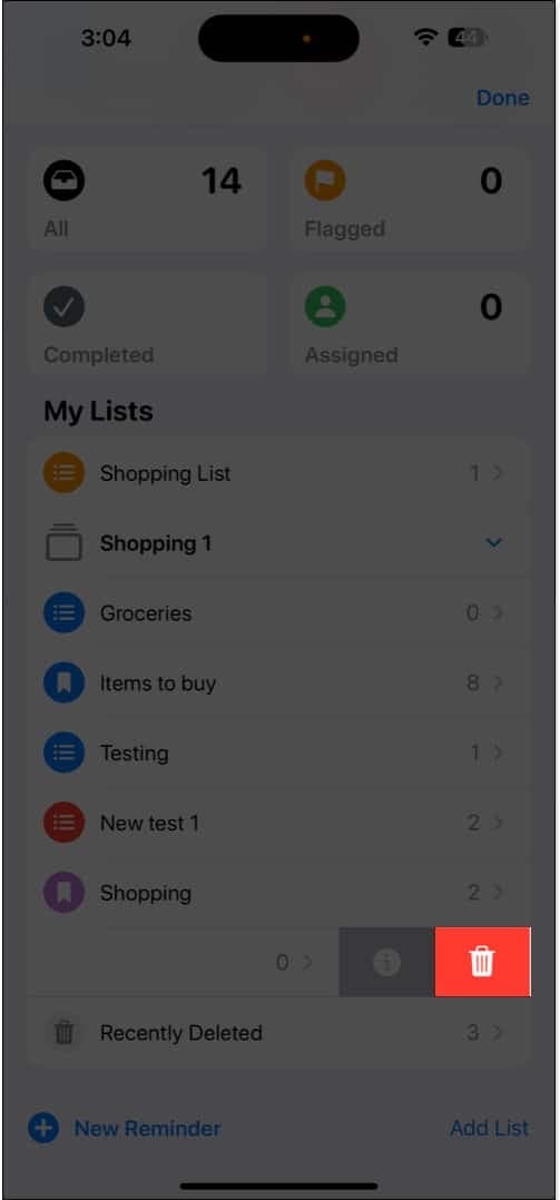Deleting a reminders list in Reminders app.