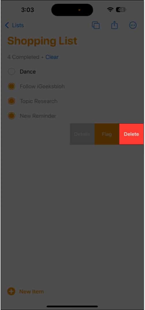 Deleting a reminder in the Reminders app.