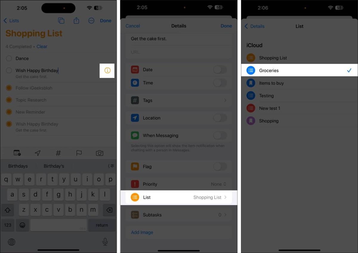 Move a reminder to another list in the Reminders app.