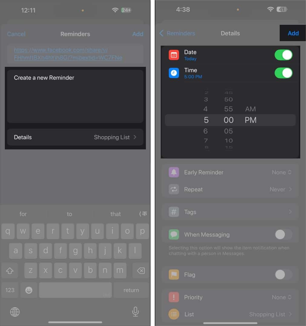 Adjusting the reminder settings on an iPhone.