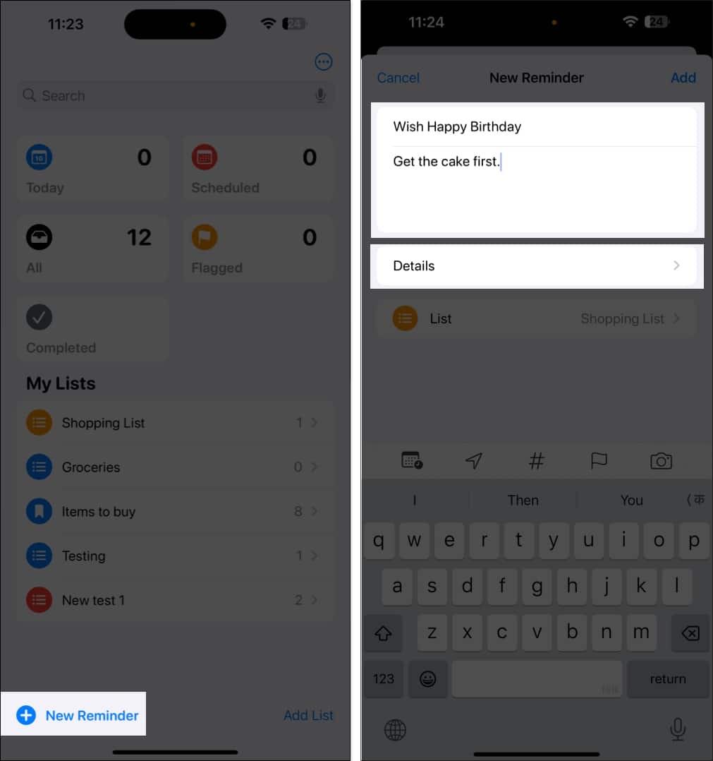 Creating a new reminder in the Reminders app on an iPhone.