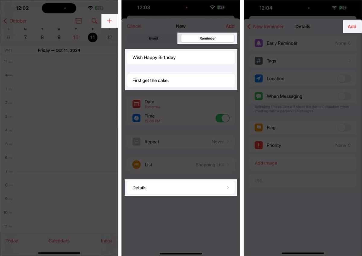 Creating a reminder in the Calendar app on an iPhone.