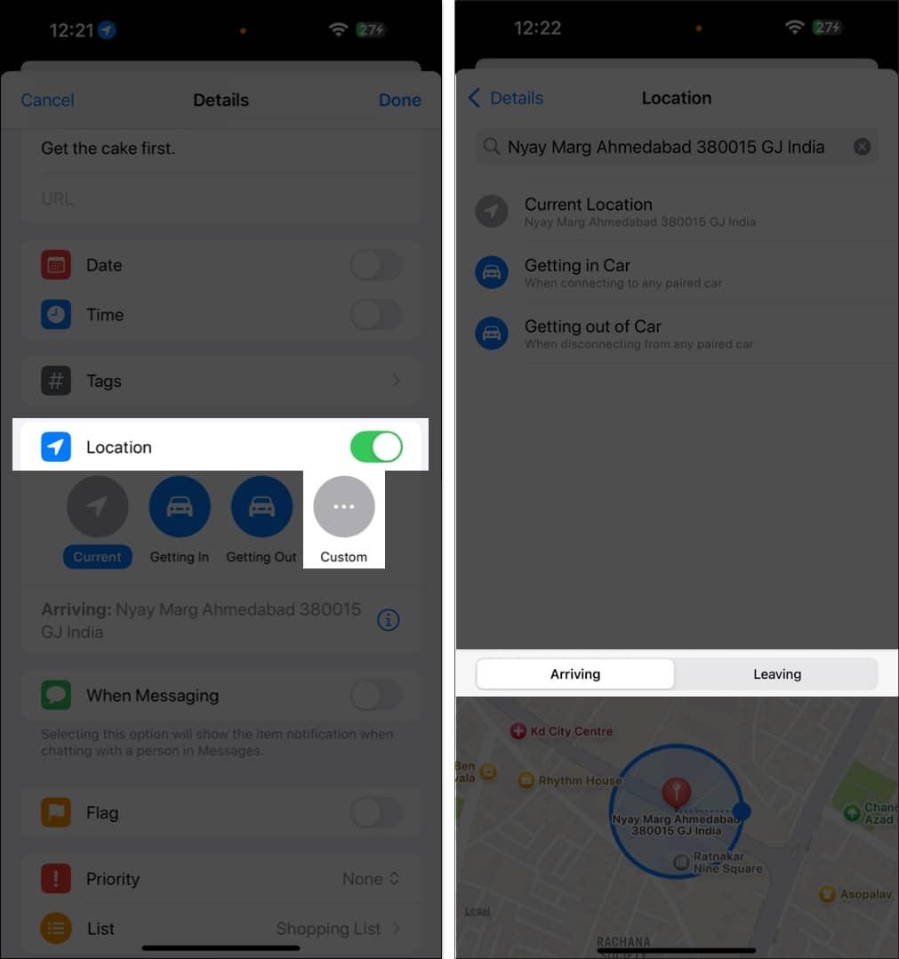 Setting up a location-based reminder in the iPhone Reminders app.