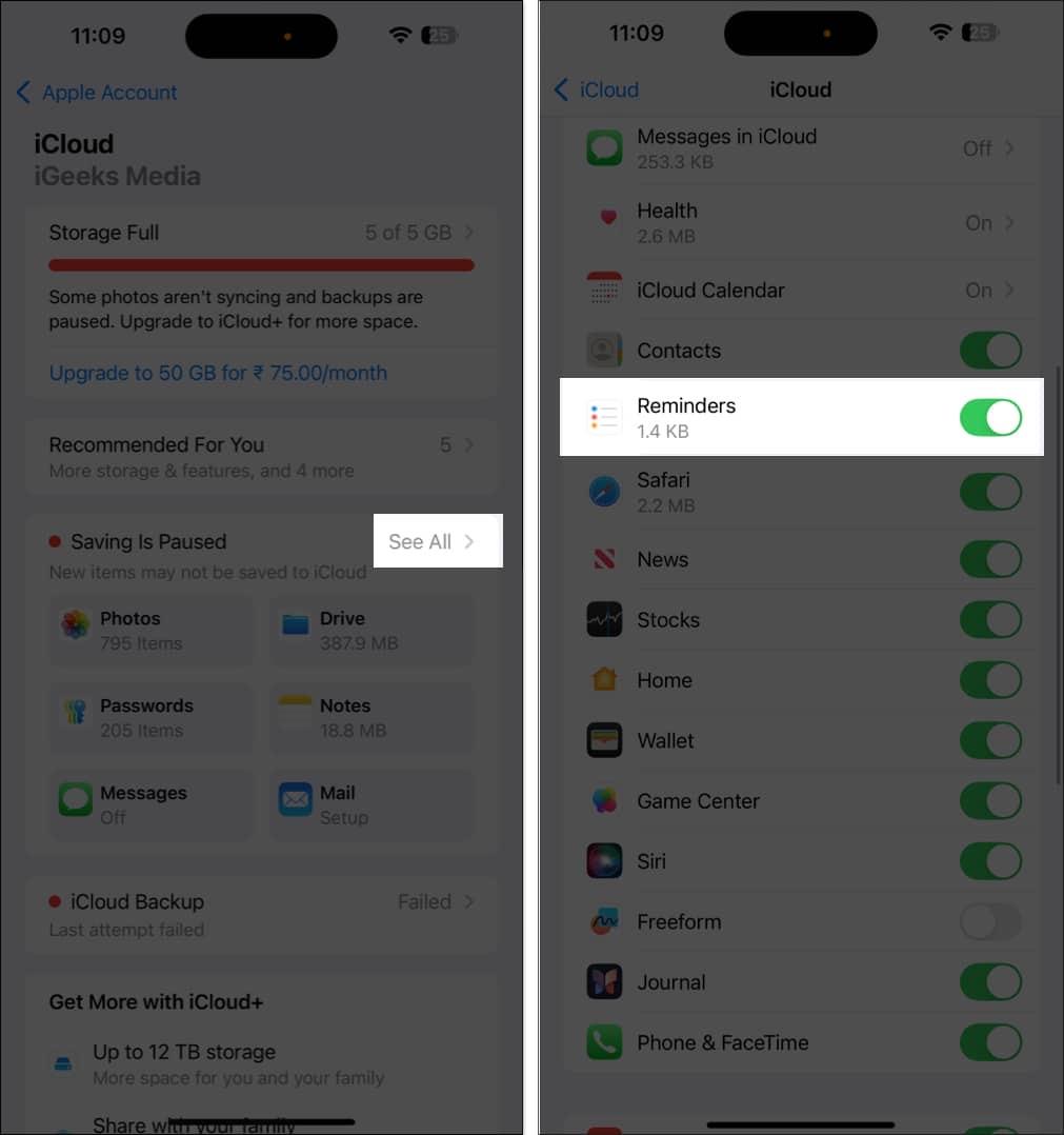 Enabling iCloud sync for Reminders app in iPhone Settings.