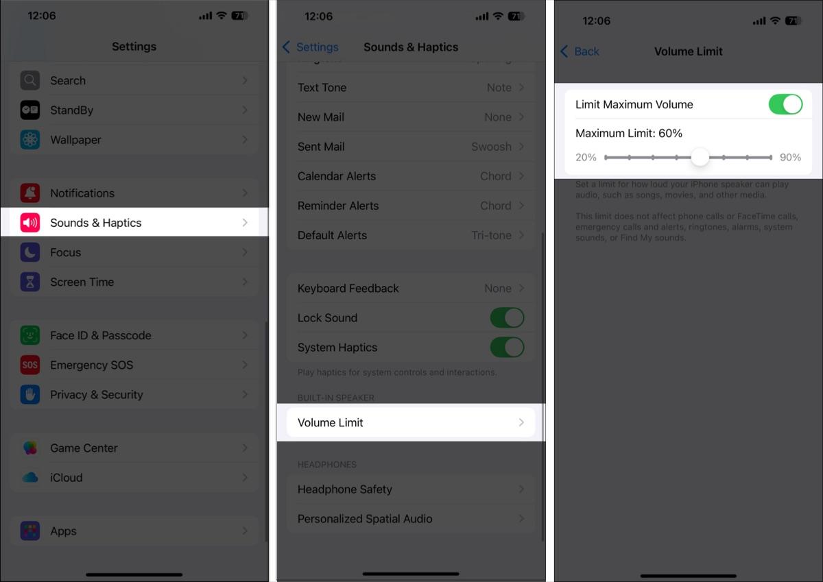 Limit Maximum Volume enabled in iPhone speaker settings.