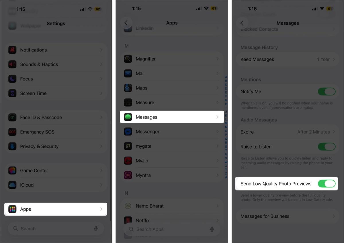 Send Low Quality Photo Previews enabled in iPhone Settings.