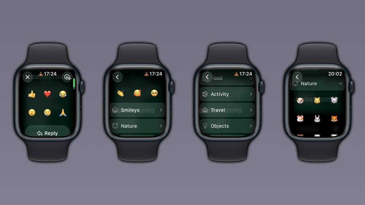 WhatsApp Apple Watch screen showing emoji reaction picker with 8 categories and recent emojis