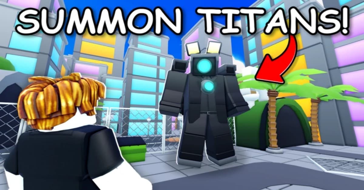 Roblox-style scene: a player faces a tall black armored titan in a bright city with 'SUMMON TITANS!' text above.