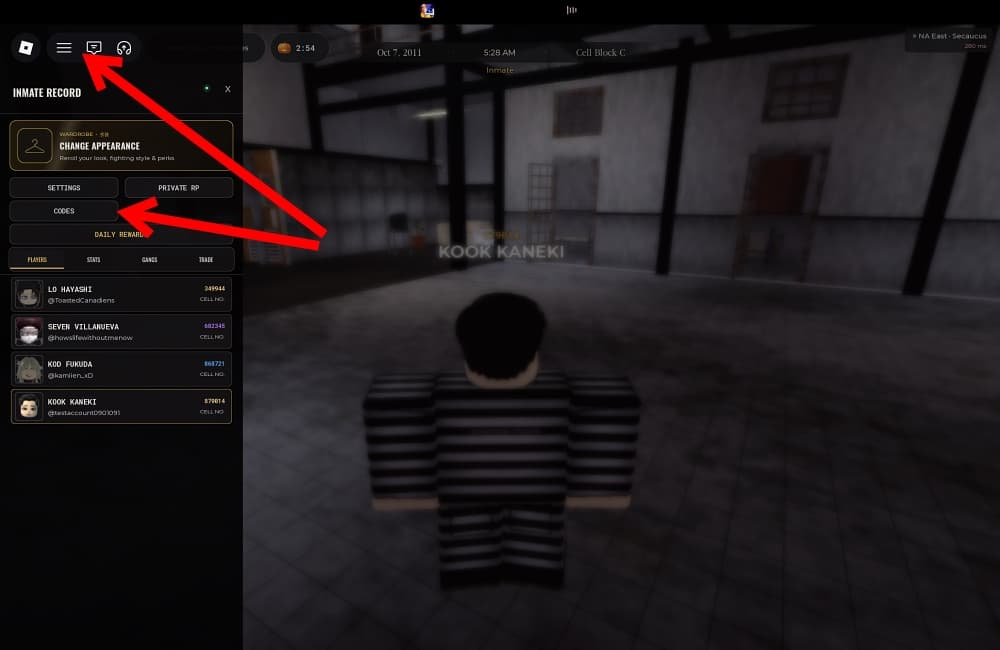 Click Menu icon to open the Codes tab in Komorebi Prison on Roblox