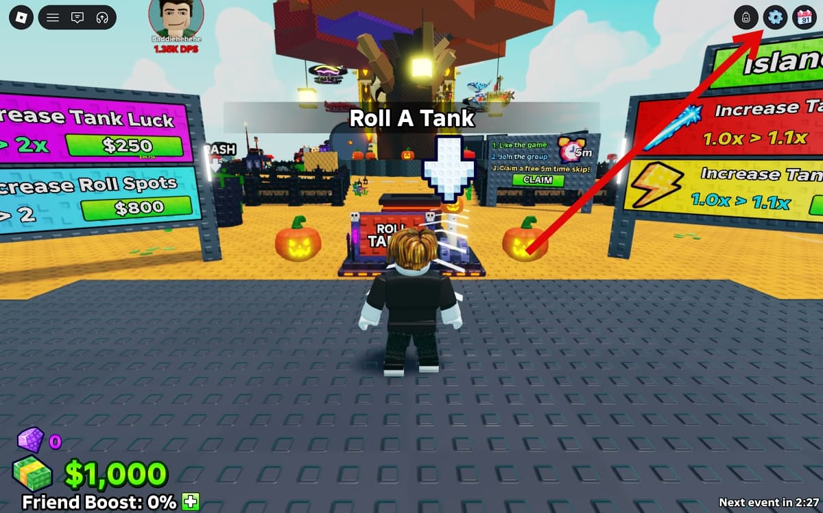 Click the Settings menu in Destroy a Vault in Roblox