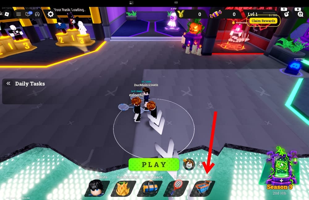 Roblox game lobby scene with three players around a circle, a large bright green PLAY button at the bottom center, a highlighted Shop icon (arrow) nearby, and a Daily Tasks panel on the left.