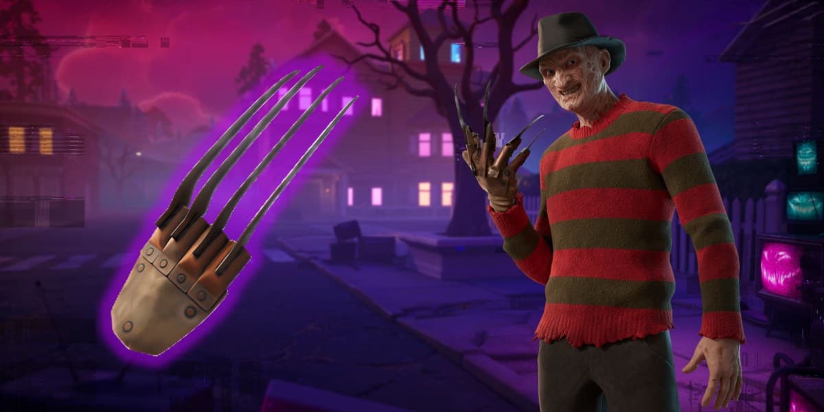 Freddy Krueger-inspired killer with a razor glove looming beside a man in a red-and-green striped sweater in a neon-lit, spooky street.