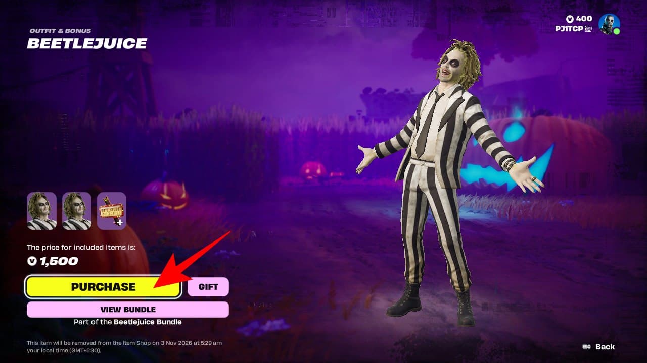 Purchase Beetlejuice skin in Fortnite
