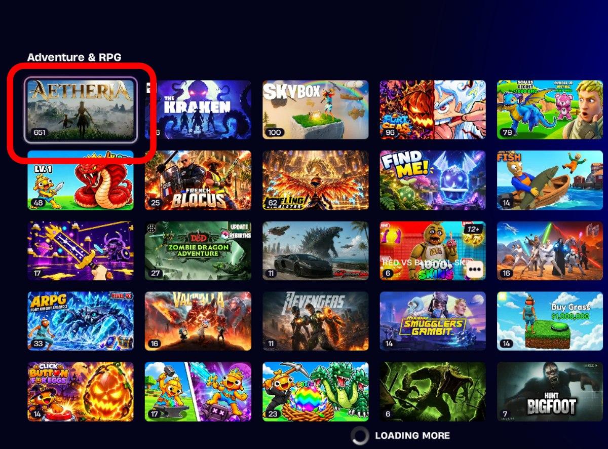 Grid of adventure and RPG game thumbnails; highlights Aetheria card among others (game library)