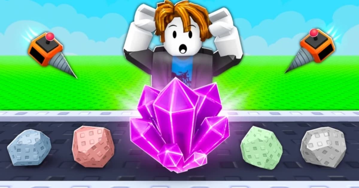 Surprised Roblox-style avatar stands over a glowing purple crystal on a conveyor with colorful rocks nearby in a bright game scene.