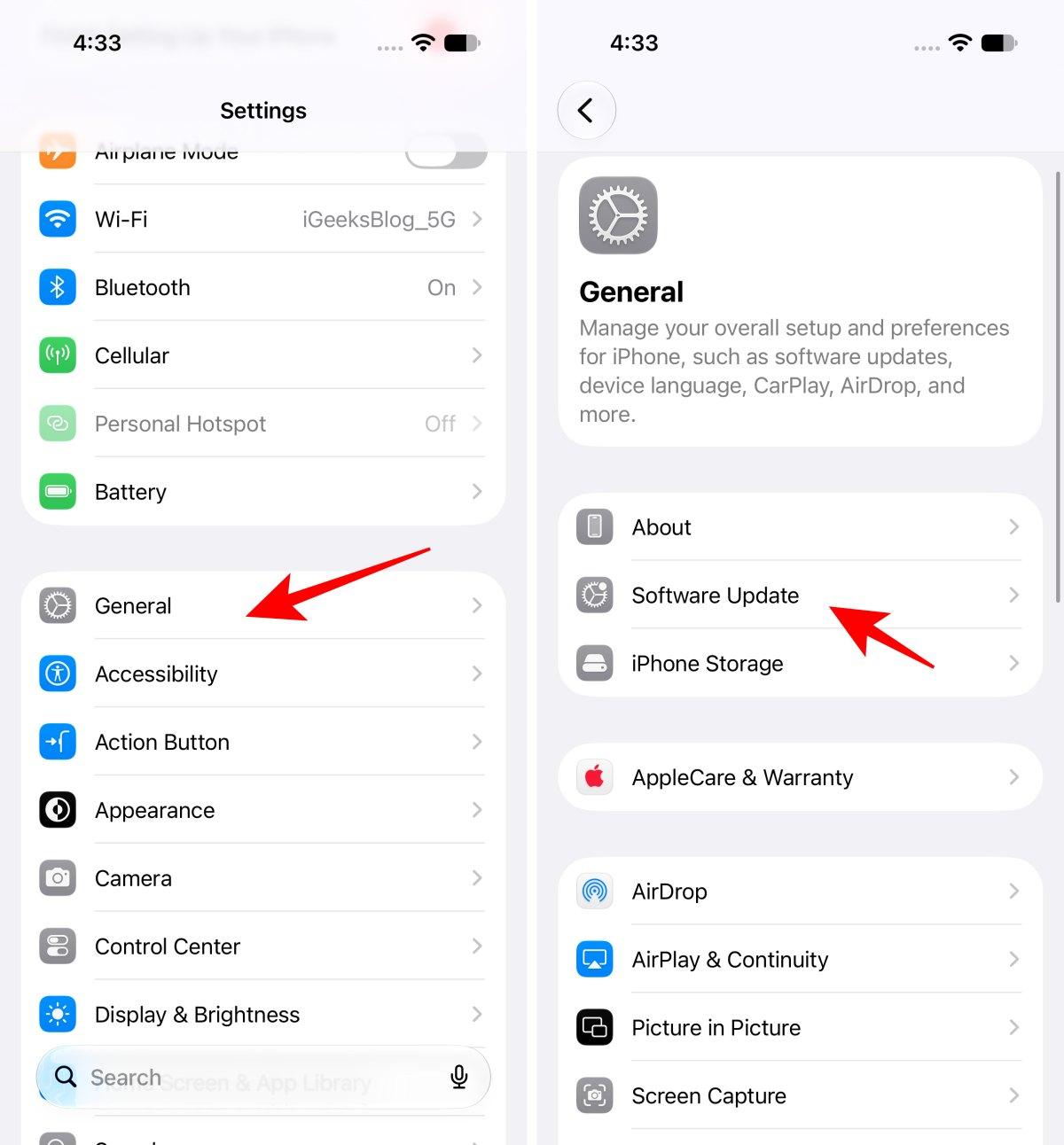 Tap on General then Select Software Update