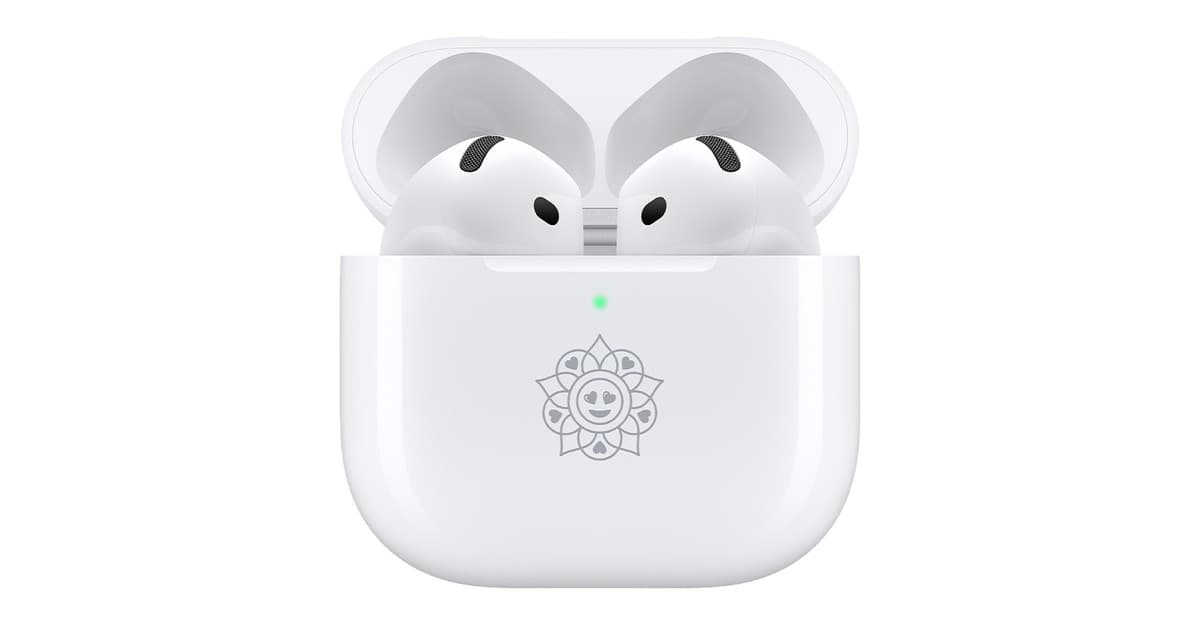 Special Edition AirPods 5 with Wireless Charging Case, showing the festive engraving on the case