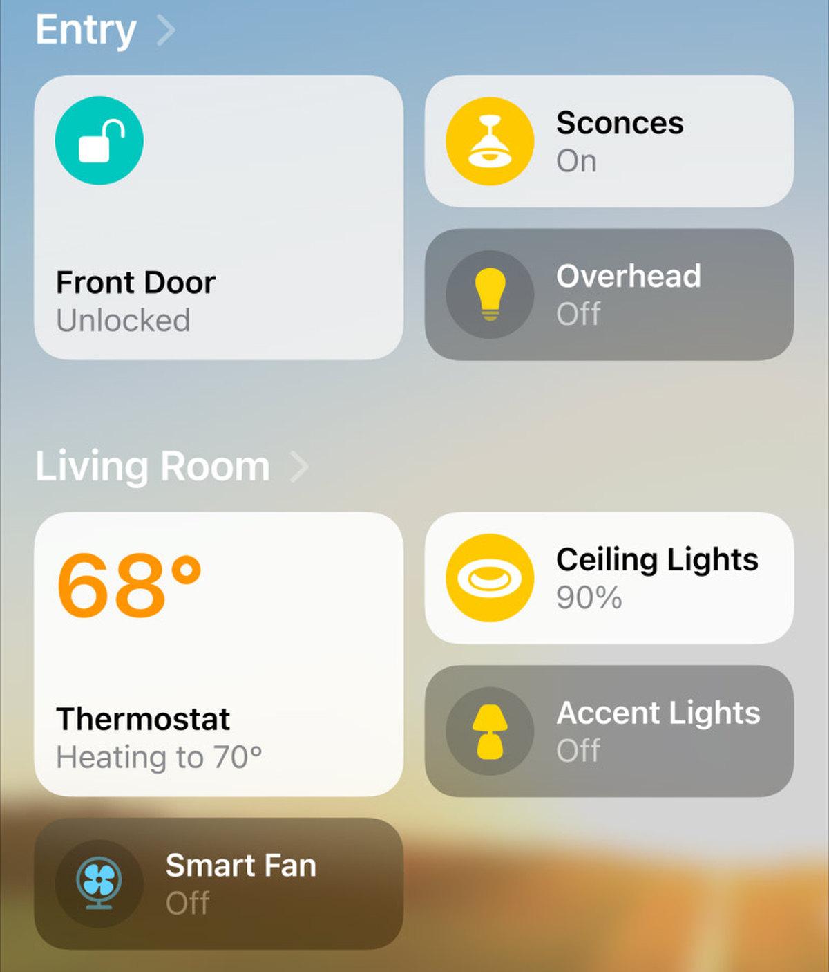 Apple Home app showing a door lock, thermostat, and lighting controls.