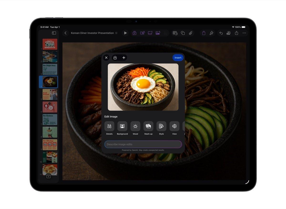 Keynote on iPad showing AI image editing options for a bibimbap photo
