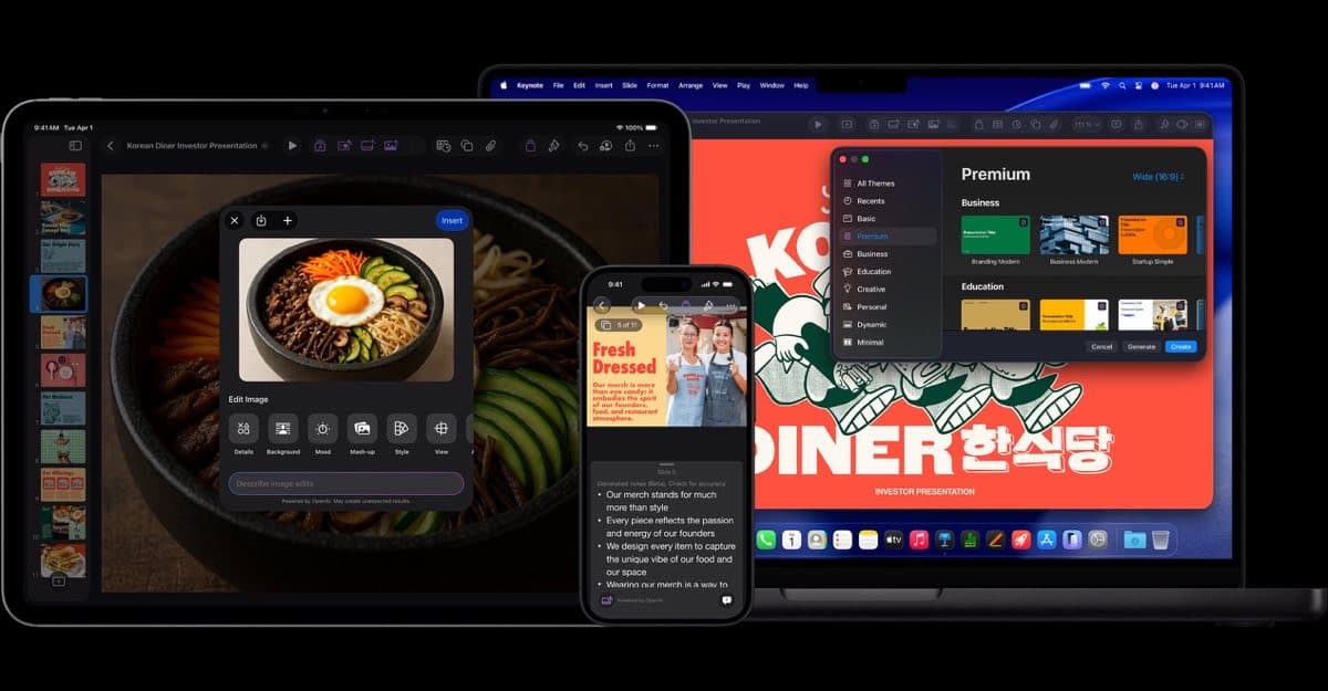 Keynote on iPad, Mac, and iPhone showing AI image editing and presentation themes