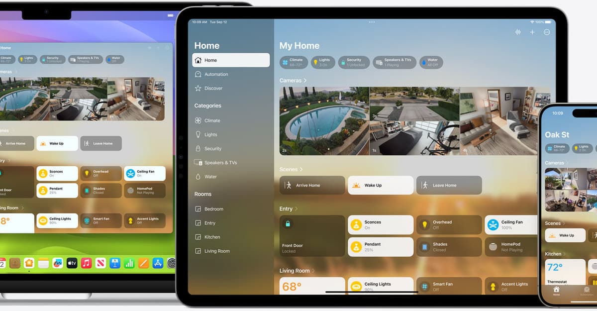 Apple Home app displayed on Mac, iPad, and iPhone.