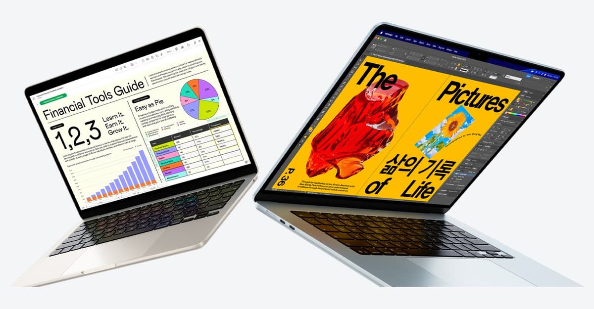 Two MacBook Air laptops displaying colorful work and design apps.