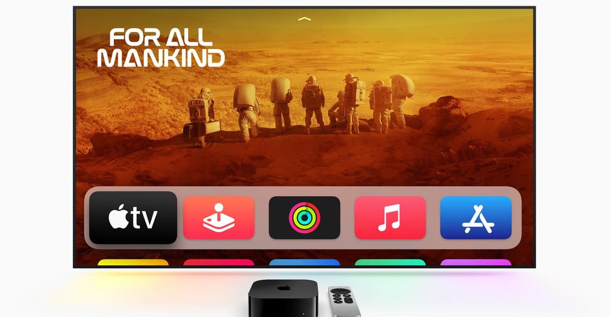 Current Apple TV 4K and Siri Remote in front of a television