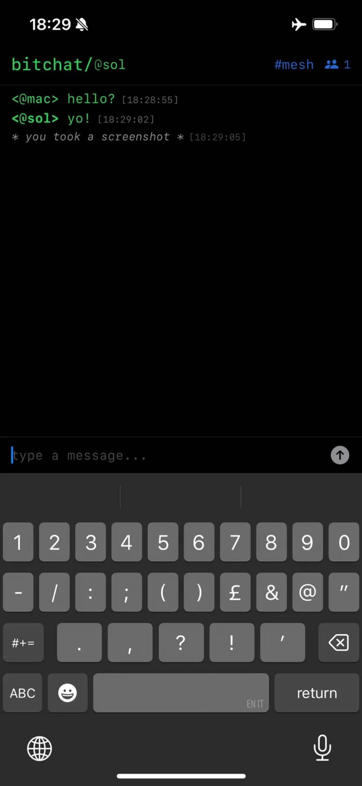 Bitchat’s #mesh chat screen on an iPhone, with Airplane Mode shown in the status bar
