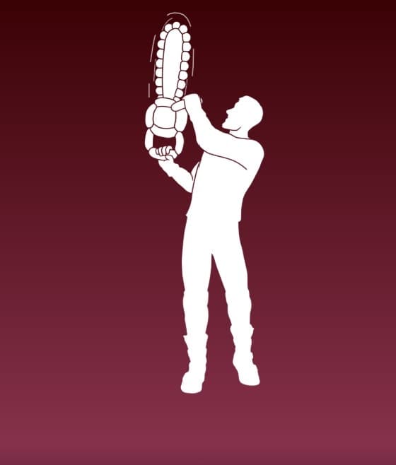 White silhouette of a person lifting a tall, segmented, chain-like object overhead against a dark maroon gradient.