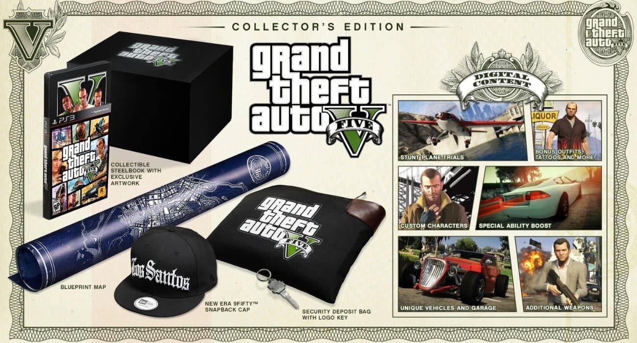 GTA V Collector's Edition bundle: game case, monolithic box, blueprint map roll, Los Santos cap, logo pouch, and security deposit bag, with an extras panel on the right.
