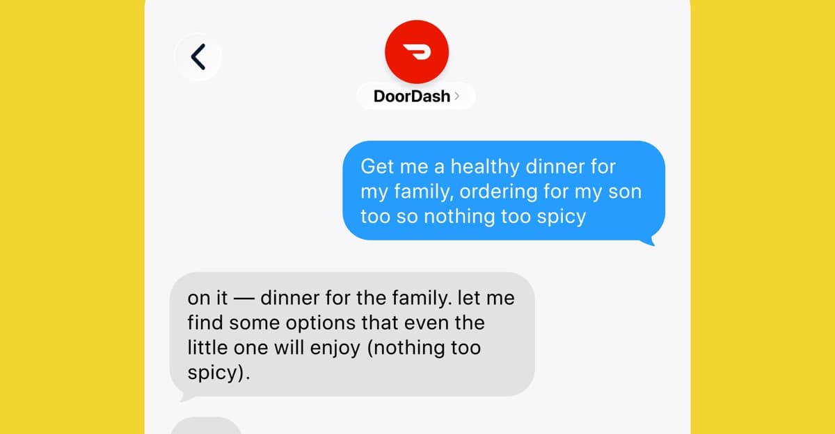 DoorDash text-ordering demo showing a meal request and suggested response in a message thread.
