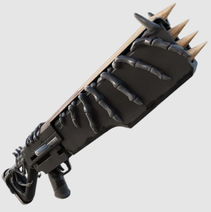 Futuristic multi‑spiked melee weapon with a black body, wooden spine, and several sharp pointed blades at the tip, held by a grip at the base.