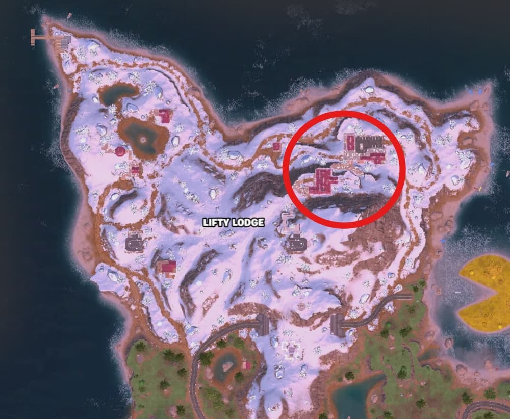 Top-down map of a snowy island labeled 'LIFTY LODGE' with a red circle highlighting a group of red buildings on the northeast side.