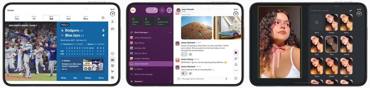 Three optimized iPhone Duo apps side by side: an MLB scores screen, Slack messages, and Instagram Edits filters