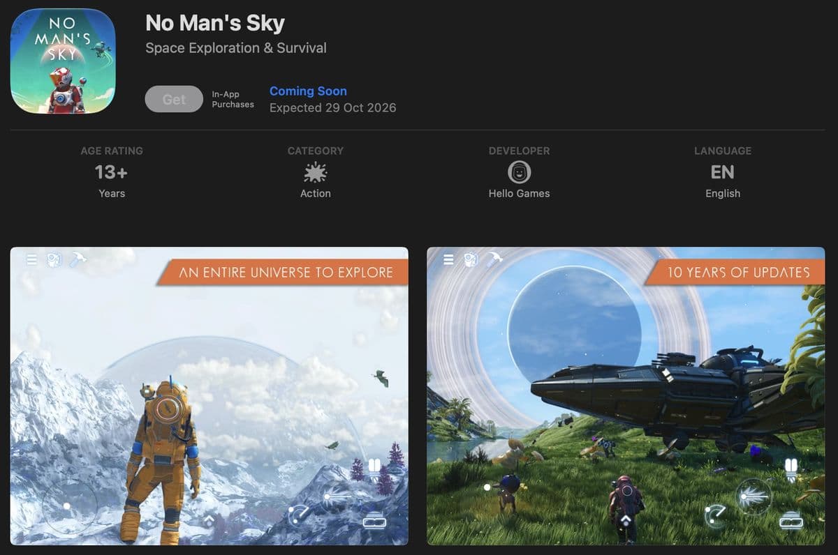No Man's Sky App Store listing with a Coming Soon label, an expected date of 29 October 2026, and two gameplay screenshots