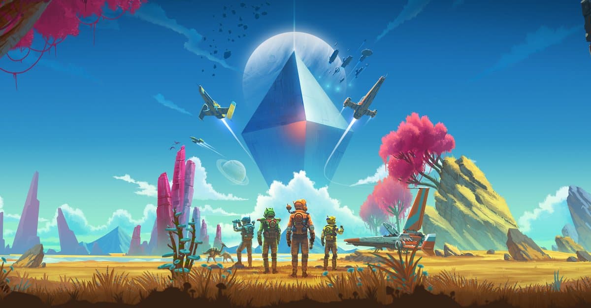 Key art from No Man's Sky: four astronauts look toward a giant blue monolith under a bright sky, with pink trees and a yellow planet