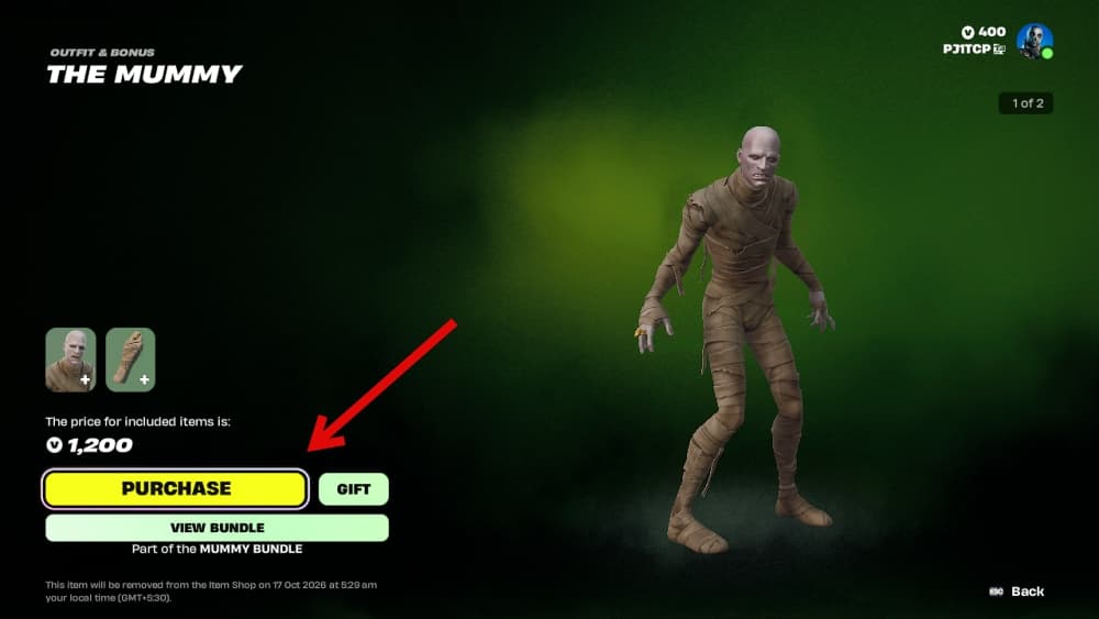 the mummy purchase screen fortnite