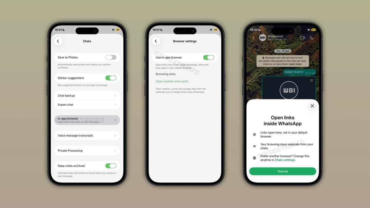 WhatsApp for iPhone beta settings with the In-app browser switch turned on, and the Open links inside WhatsApp prompt