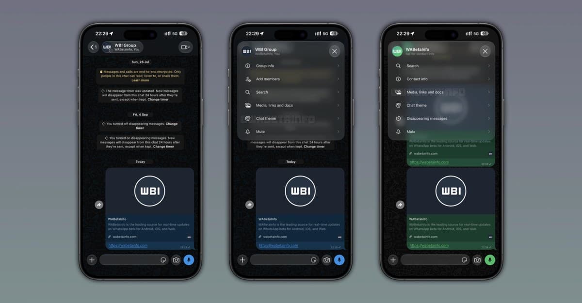 WhatsApp chat screens showing the new Liquid Glass header and shortcut menu on iPhone.