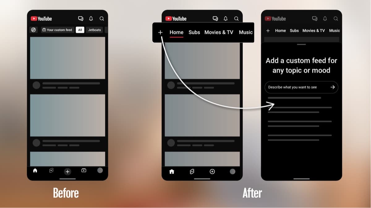 Before and after YouTube mobile screens: the Subscriptions icon leaves the bottom bar, and Home's top row gains Subs with a plus button for custom feeds
