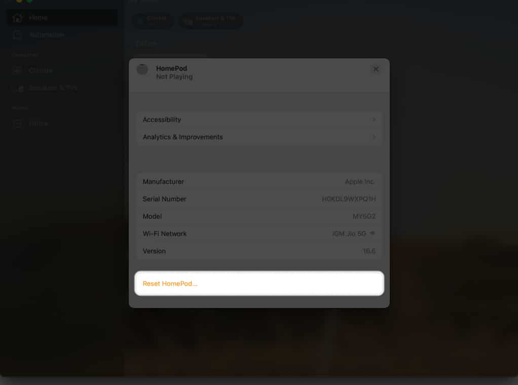 Click Reset Homepod on Mac