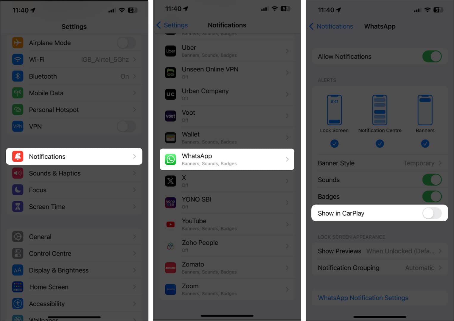 Notifications, WhatsApp, Show in CarPlay in Settings